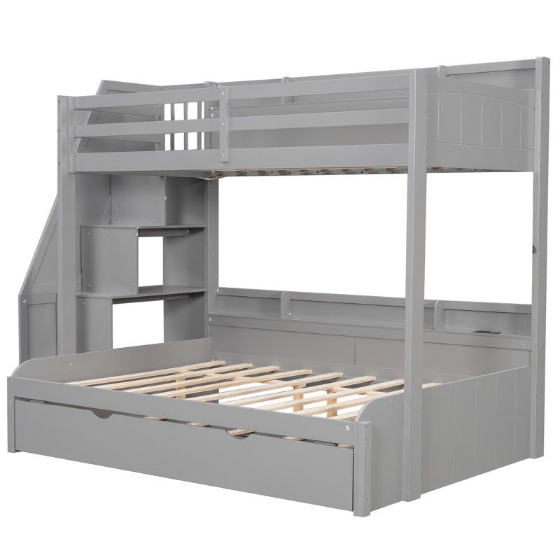 Twin over Full Bunk Bed with Storage Staircase, Trundle & Shelves – Space-Saving Kids Bed, Grey, Gray