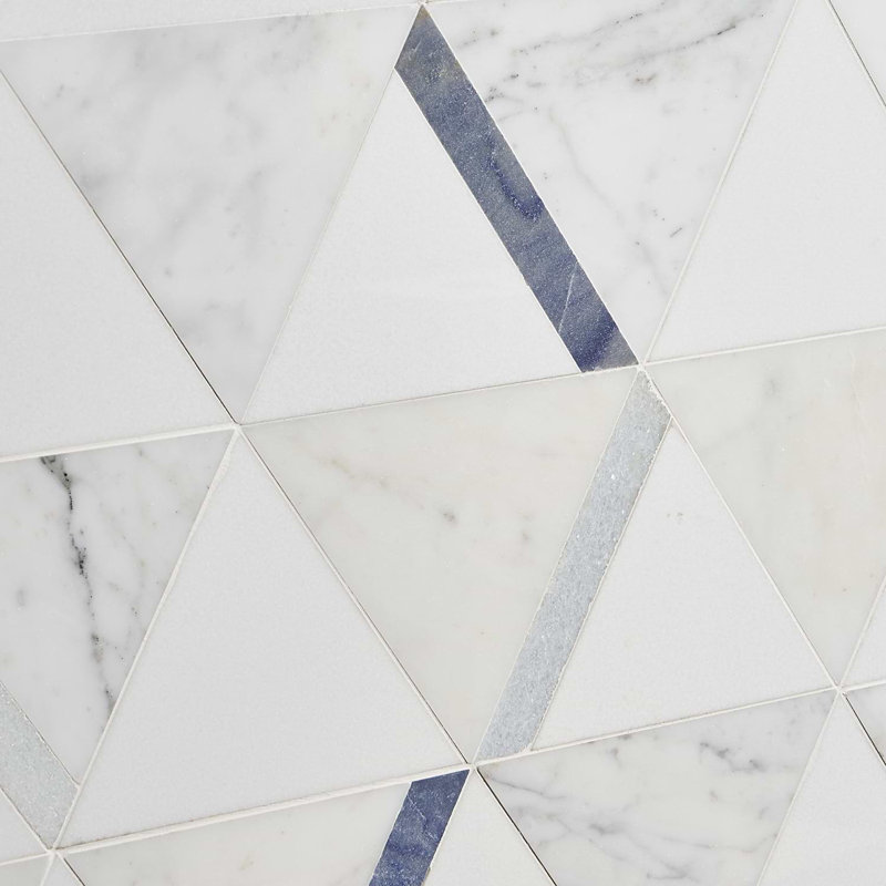 Tres 5x6 Triangle Polished Waterjet Marble Mosaic Tile, Calacatta Azul