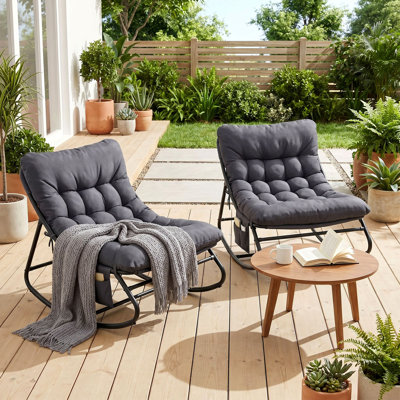 Outdoor Papasan Rocking Chair, Lounge Chair with Cushion & Sturdy Metal Frame, Patio Rocker Chair for Balcony Backyard Porch Bedroom, Dark Gray