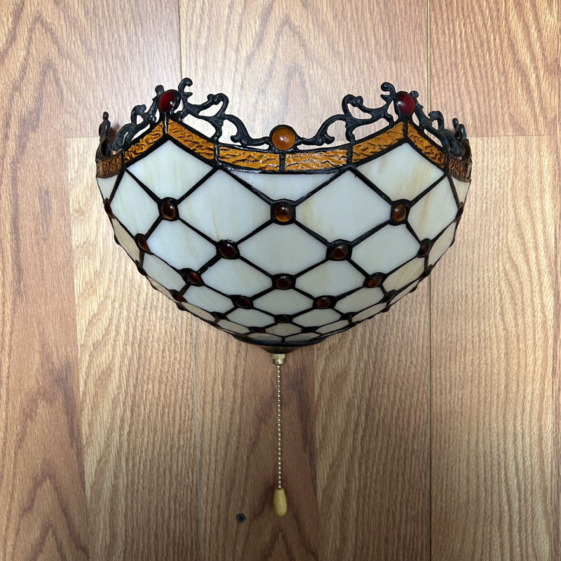 Simonson Tiffany Wall Sconces Half Moon Beige Stained Glass Pull Chain Switch LED Bulb 12"W*6"D*7"H
