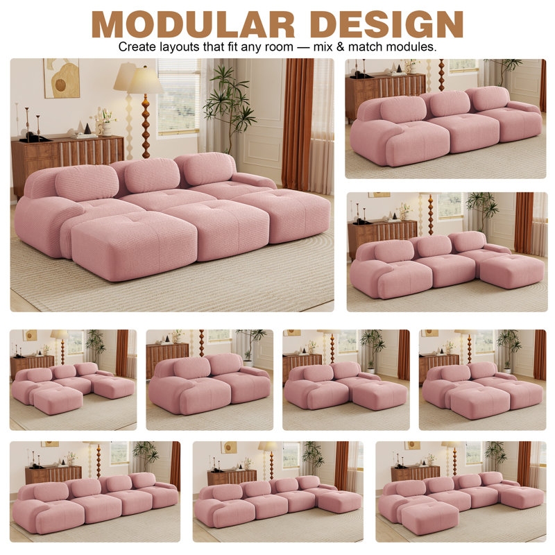 Canapé modulaire de 118 po avec repose-pieds, canapé de salon surdimensionné, velours côtelé, sans assemblage, rose