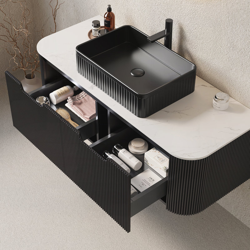 Armoire de salle de bain 48 po avec lavabo, meuble de rangement mural à bordures courbes et flottantes avec tiroir, Noir, 48"