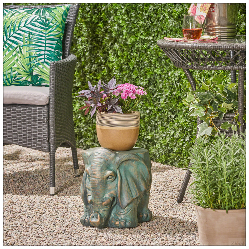 Tabouret de jardin éléphant, patine cuivre