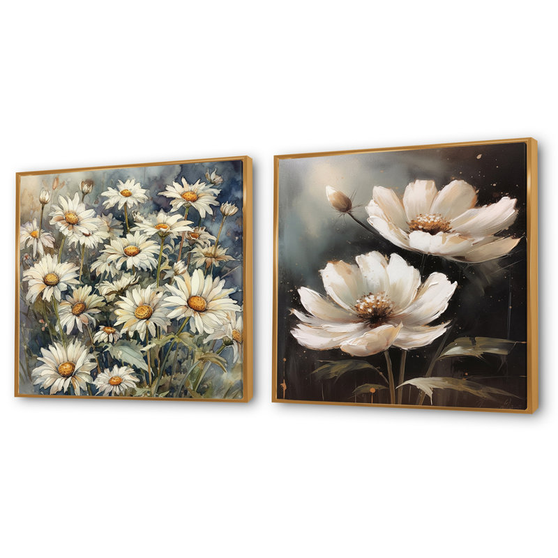 Melody of Daisy - blanc et vert, Cadre flottant doré, H 16 po x l 33 po