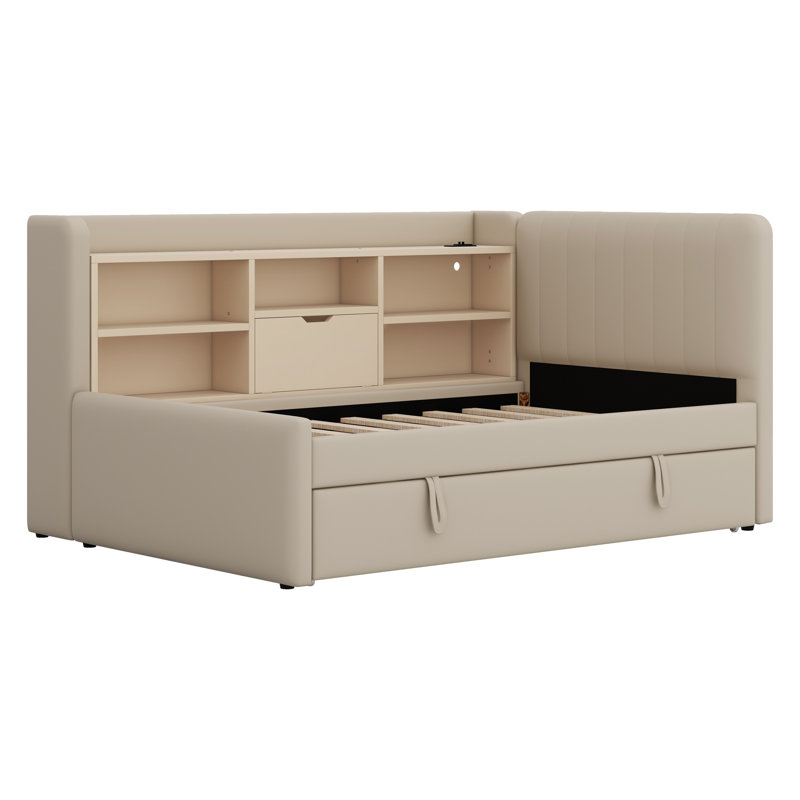 Upholstered Daybed With Trundle, Storage Shelves, USB & Outlet, Beige