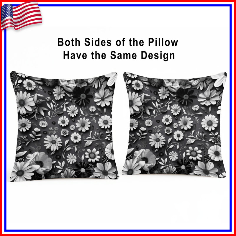 Coussin BlackWhiteFloral, 26 x 26 inches