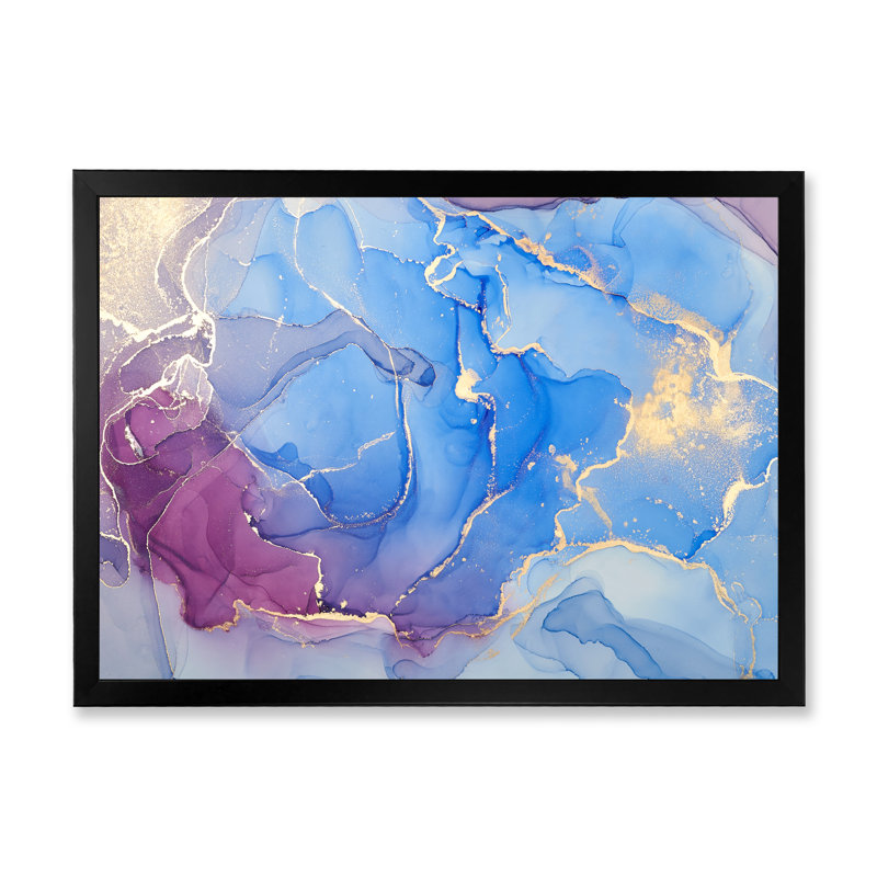 Bleu et rose marbré, art fluide sur toile moderne, Cadre photo noir, H 12 po x l 8 po x P 1 po