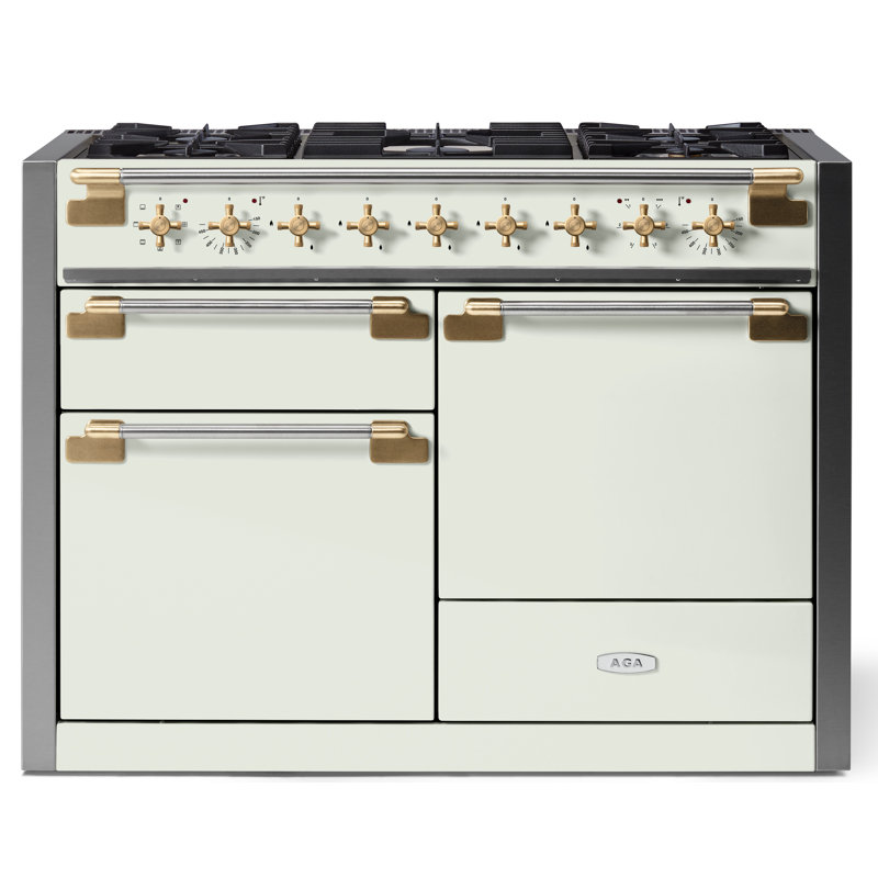AGA Elise 48"W. 6 Cu.Ft. Freestanding Induction Convection Range with Antique Brass Trim, White;Antique Brass, Dual Fuel