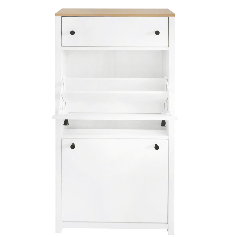 Armoire à chaussures blanche avec dessus en grain de bois et rangement pratique, motif à 4 tiroirs rabattables, Blanc