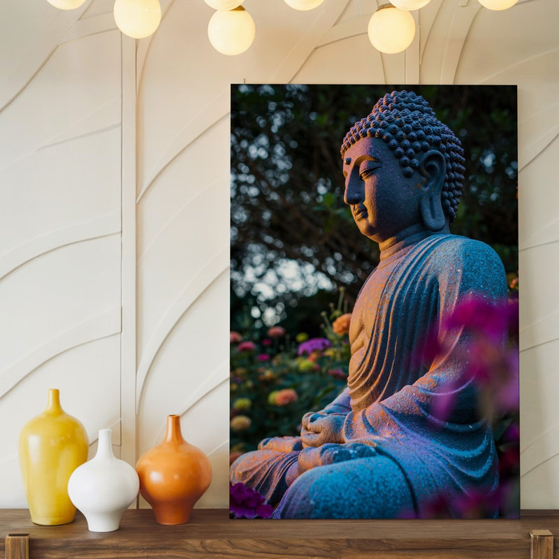 Toile, statue de Bouddha sereine avec détails complexes et surface d'art texturée partiellement recouverte de teintes vibrantes de bleu mauve