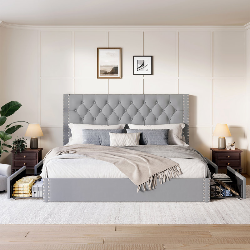 Lit plateforme tapissier avec tiroirs de rangement, Très grand lit, Gris bleu