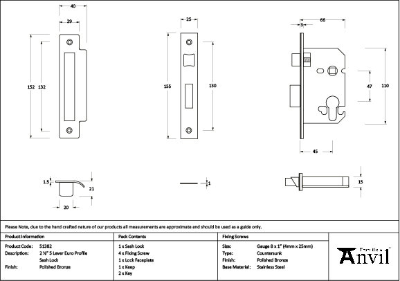 Euro Profile Sash Lock, Polished Bronze