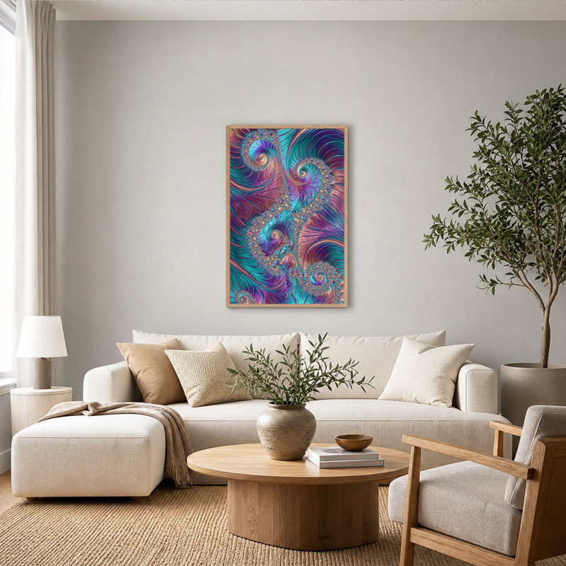 Tableau sur toile à motif fractal en spirale turquoise et violette, H 48 po x l 36 po