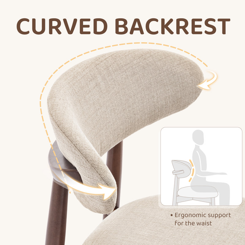  Solid Wood Upholstered Dining Chair - Ergonomic Curved Back, Comfort Fabric, Walnut, Beige Fabric