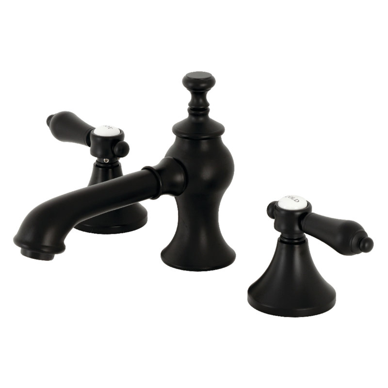 Kingston Brass Heirloom Two-Handle 3-Hole Deck Mount Widespread Bathroom Faucet with Brass Pop-Up Drain, Matte Black