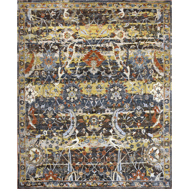 Tapis rectangulaire en laine noué à la main brun / bleu / jaune, Rectangle 8 pi x 10 pi