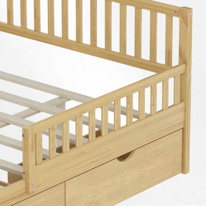 Wood Platform Bed with Guardrails on Both Sides and Two Storage Drawers, Full, Natural