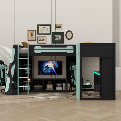 Twin-Sized L-Shaped Loft Bed Featuring Built-In Desks, Wooden Gaming Bed Frame With RGB LED, USB Ports, TV Holder And Storage Units