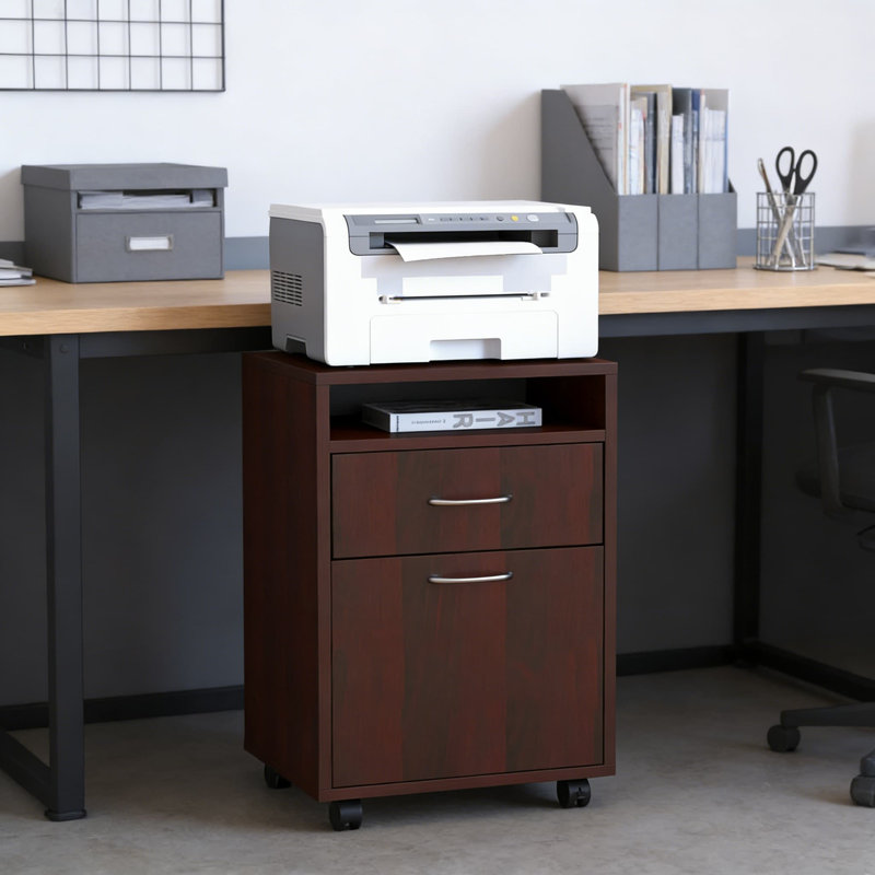 Support d'imprimante mobile avec armoire de rangement et tiroir, organiseur de bureau roulant avec roulettes verrouillables, conception compacte pouvant être placée sous un bureau