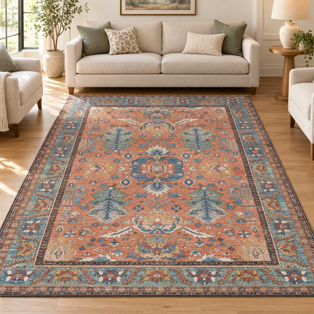 Tapis bleu corail rétro lavable à la machine à motif floral rétro avec envers antidérapant, Rectangle: 9 pi x 12 pi