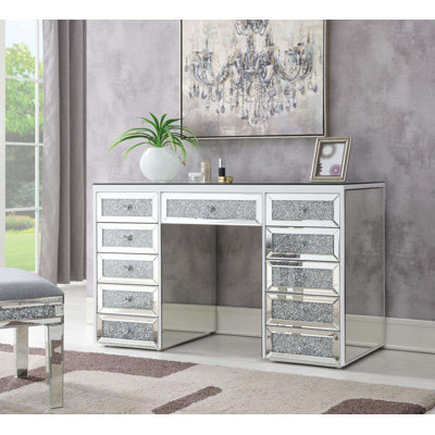 Mirrored Vanity Table 13-Drawer Faux-diamond Inlay