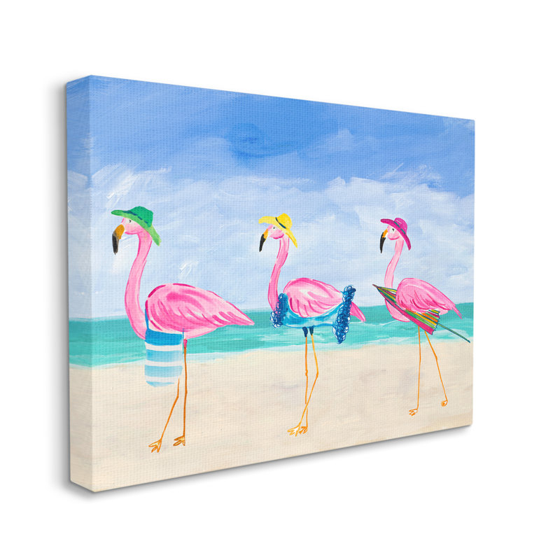 Joli flamant rose, plage, promenade, illustration de la côte par Julie Derice - Peinture, Toile tendue