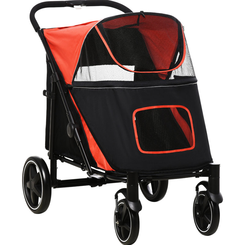 Poussette pour chien de taille moyenne à grande - rouge, pliante en un clic, poignée souple, porte en filet, poussette d'aide à la mobilité avec ventilation, rangement facile, évent, harnais
