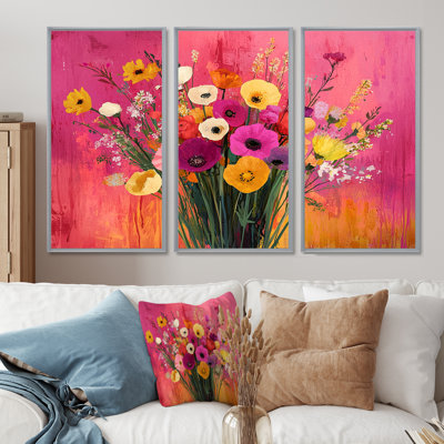 Célébration rose des bouquets assortis - Bouquets d'art mural - 3 pièces