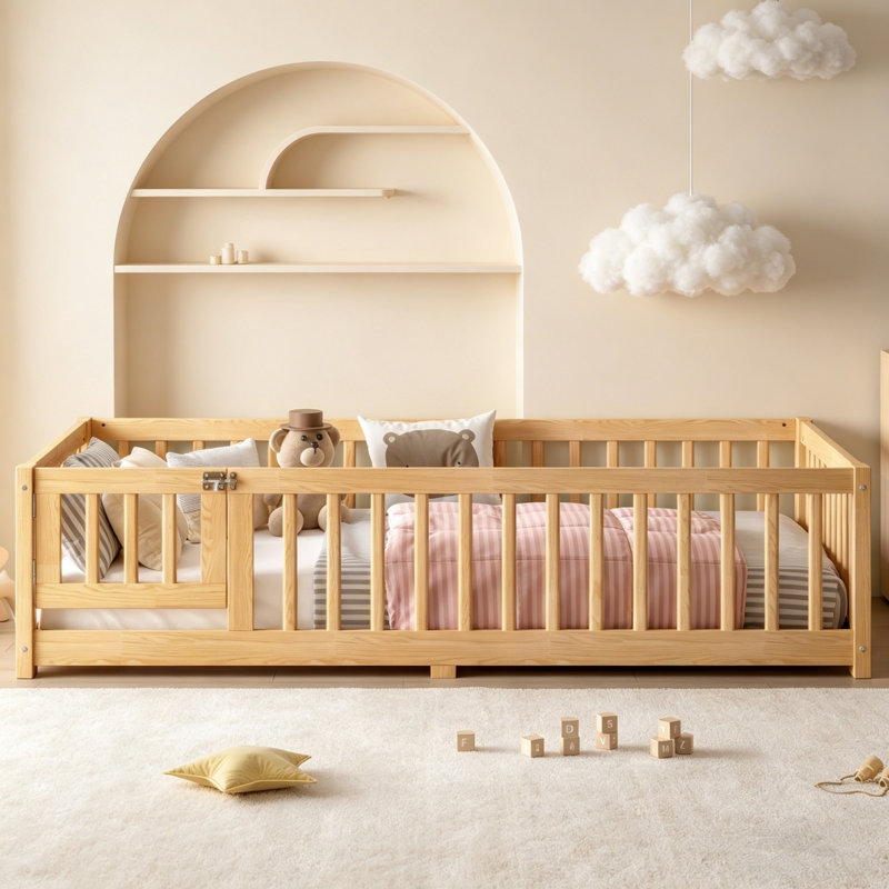 Floor Bed, Wooden Toddler Bed Frame With Safety Guardrails, Door And Slat Support, Low Profile Kids Floor Bed For Boys Girls, No Box Spring Needed(Natural/Grey/White)