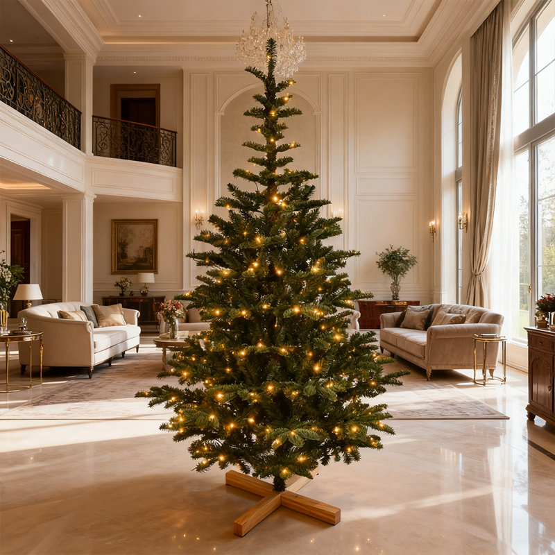 Arbre de Noël illuminé 8 pi, embouts réalistes en PE + PVC 1307, base en bois rustique - arbre de Noël artificiel pour la décoration intérieure