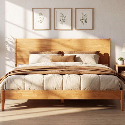 Haven King Solid Wood Bed Frame with Headboard, Natural Oak Finish Scandinavian Platform Bed All Mattress Support, 800 lbs Capacity, 5 Years Warranty