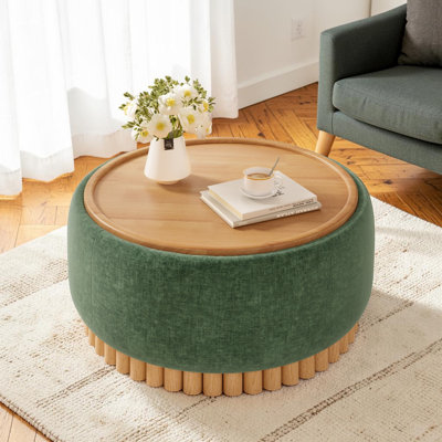 Repose-pieds rond rembourré avec plateau de rangement réversible, table basse 2-en-1 avec rangement dissimulé