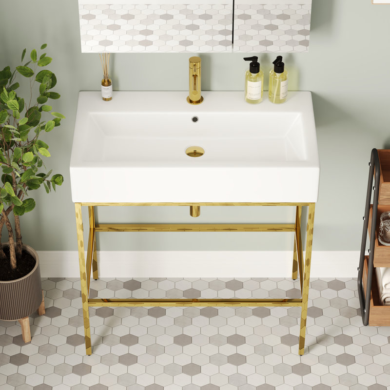 White Ceramic Console Sink with Gold Stainless Steel Frame
