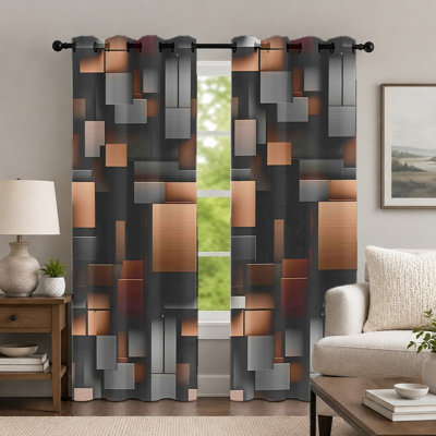 2Pcs Geometric Block Pattern Curtains, Abstract Style Drape, Contemporary Industrial Contrast Printed Art Grommet Drapes, Window Treatment for Bedroom Living Room Decor