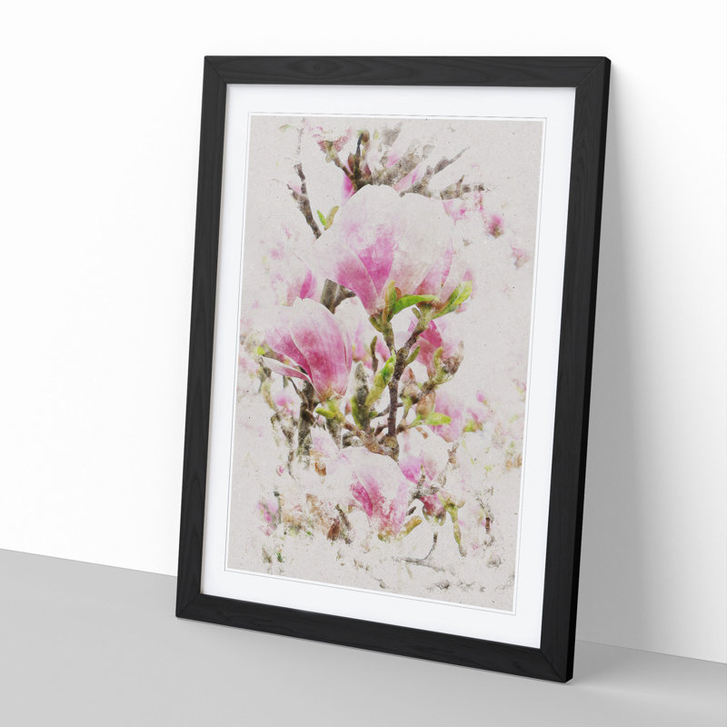 Pink Magnolia Blossom Flowers - Framed Print, 48cm H x 36cm W x 2cm D, Black Framed