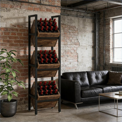 51-Inch Tall Freestanding Wine Rack, Metal and Particle Board, Holds 36 Bottles, Sleek Black and Rustic Brown, Stable Storage for Home Bars and Living Rooms