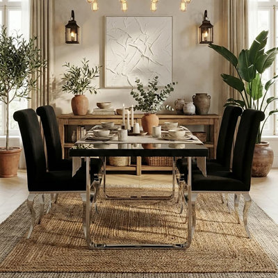 Pine Rectangular Glass Top Dining Table with Stainless Steel Base