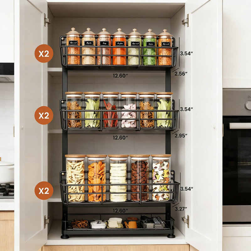 Rangement mural à épices mural, ensemble de 6 tablettes peu encombrantes pour bocaux à épices et assaisonnements, armoire de cuisine réglable ou porte de garde-manger avec vis et options d'installation adhésives