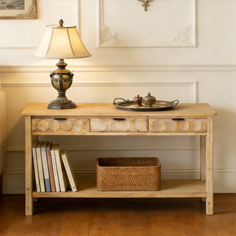 Table d'entrée en placage de sapin, console moderne avec 3 tiroirs et pieds solides, Naturel