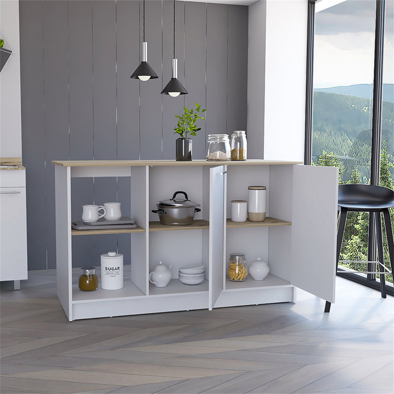 Juniper Kitchen Island with Large Top Surface, Double Door Cabinet, and Open Shelves Black / Ibiza Marble, White/Natural