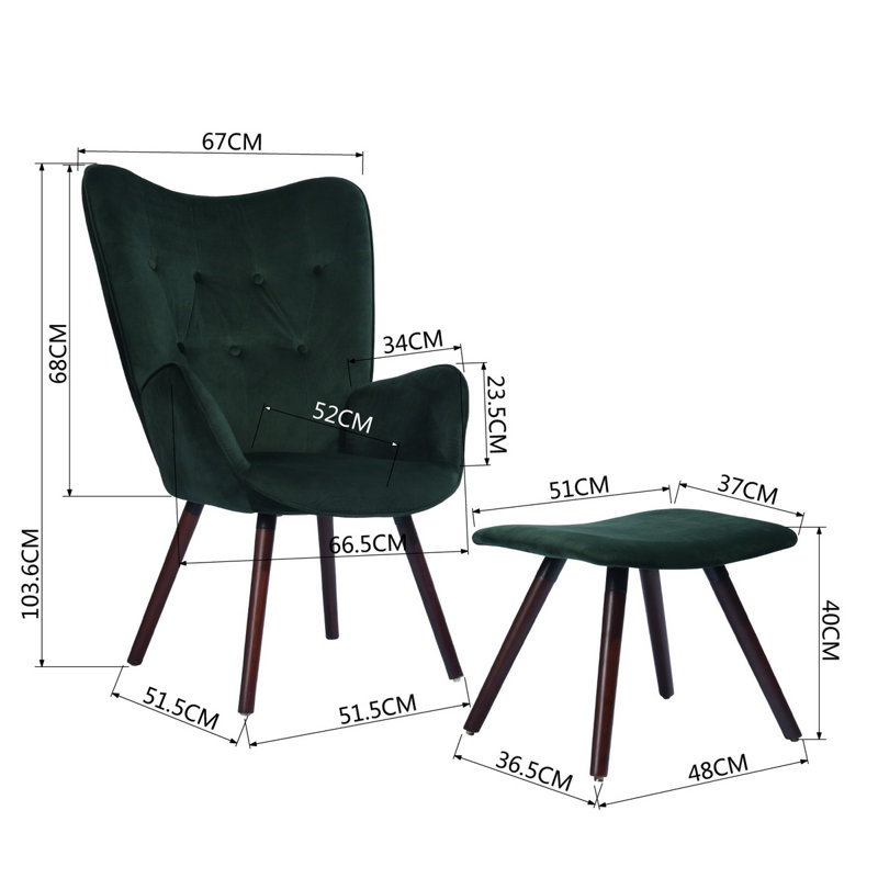 Acantha Velvet Accent Chair with Footstool, Green
