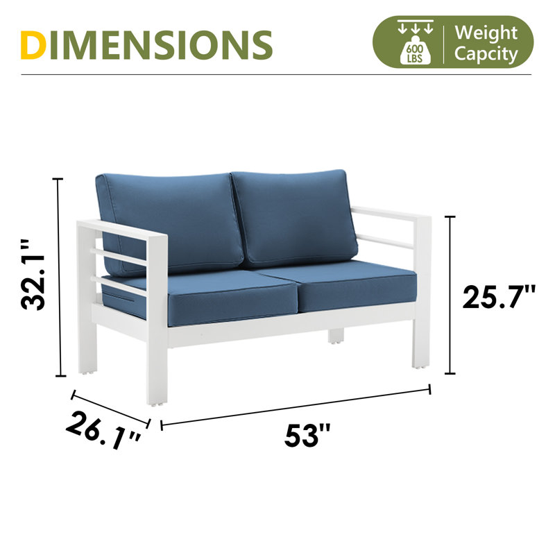 Outdoor Aluminum Loveseat, Navy Blue, White