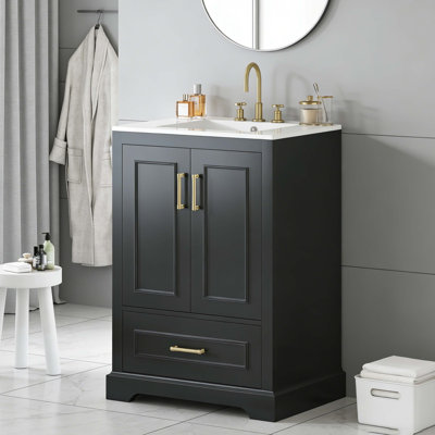 Meuble-lavabo autoportant de 24 po avec lavabo, armoire en panneau de fibres à densité moyenne avec cadre en bois massif, portes à fermeture en douceur avec supports de rangement à deux portes, tiroir divisé, meuble-lavabo noir moderne pour les petites salles de bain