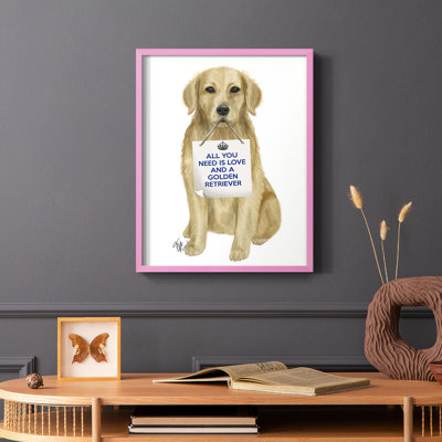 «Love and Golden Retriever», reproduction encadrée - bois massif