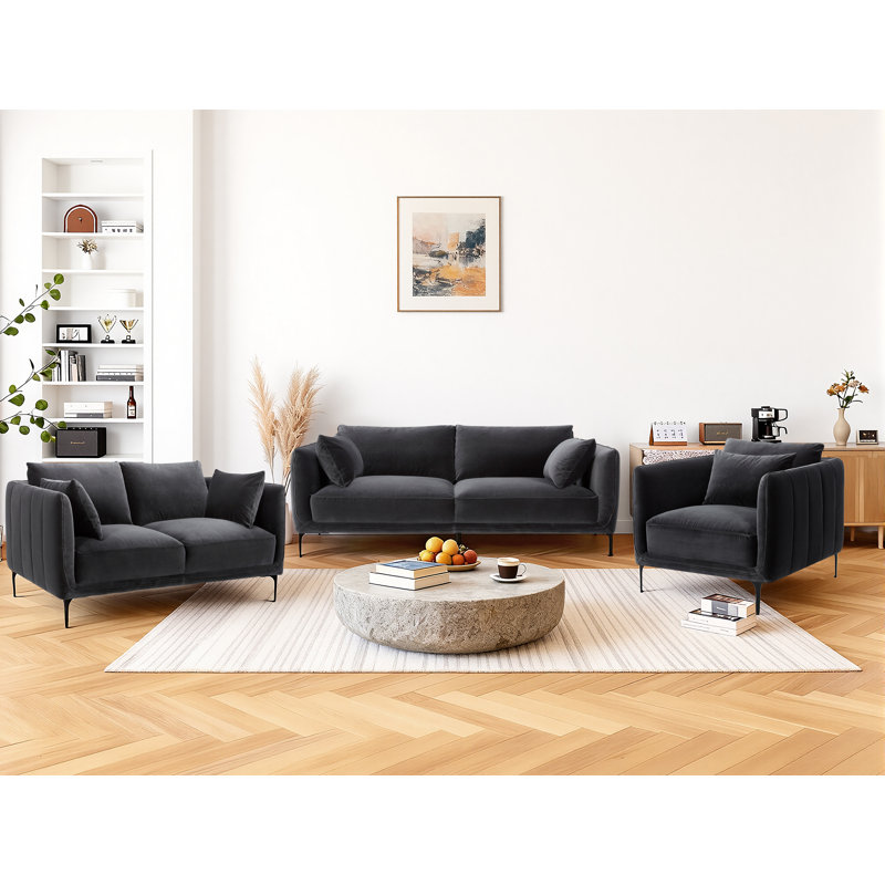 Ensemble de salon rembourré 3 pièces Rae, Velours gris Falkirk