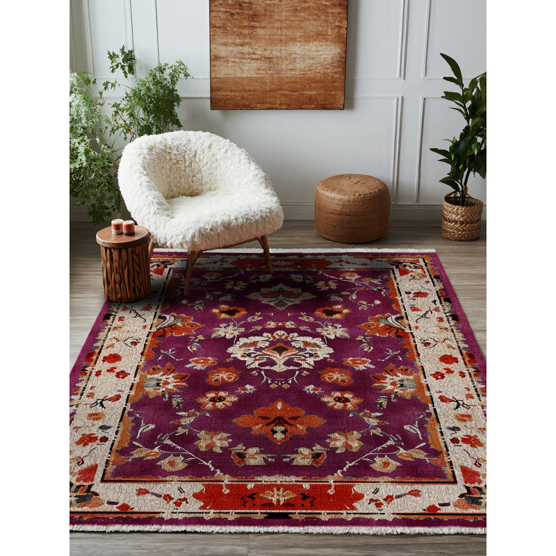 Derya Collection Digital Print Cotton-Polyester Purple Floral Rug, Square 6'7"
