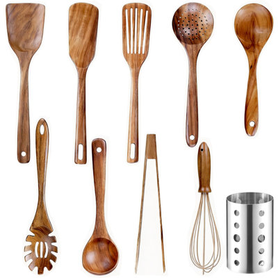 Ensemble de 10 ustensiles de cuisine, ensemble d'ustensiles de cuisine en bois, résistant à la chaleur antiadhésif, respectueux de l'environnement
