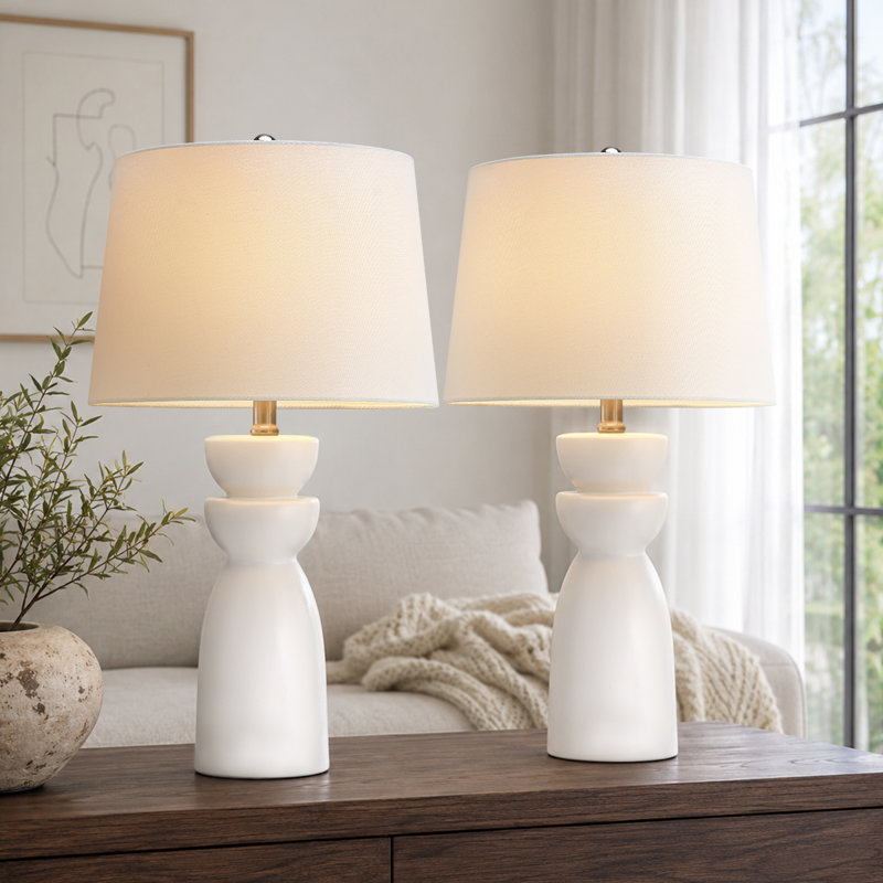25in White Modern Sculpted Ceramic Table Lamps