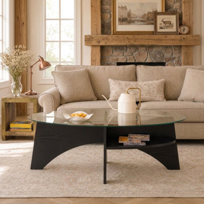 Table basse ronde moderne en verre trempé avec base en éventail et tablette de rangement ouverte