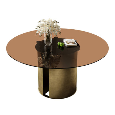 59-Inch Round Dining Table, Dark Brown Glass Tabletop Dining Table, With Antique Copper Carbon Steel Leg Base, Suitable For Family Kitchen And Living